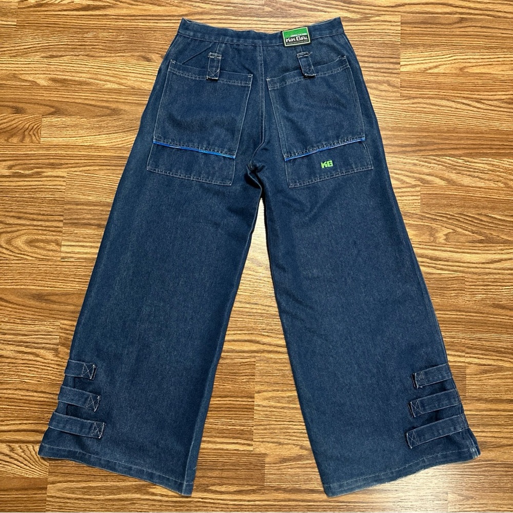 KIK GIRL Jeans Denim 90s Y2K Rave Skater Grunge Cargo Strap Wide Leg 3 Actual 28